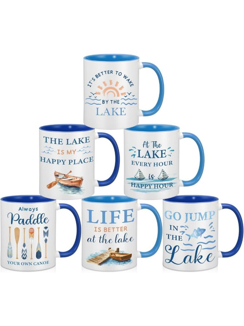 Set of 6 Ceramic Coffee Mugs - Lake House Decor, Perfect Lake Life Gifts, 12 oz